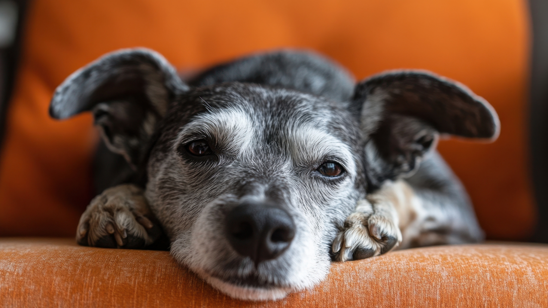 image of senior grey and white dog laying down with head between paws on an orange sofa